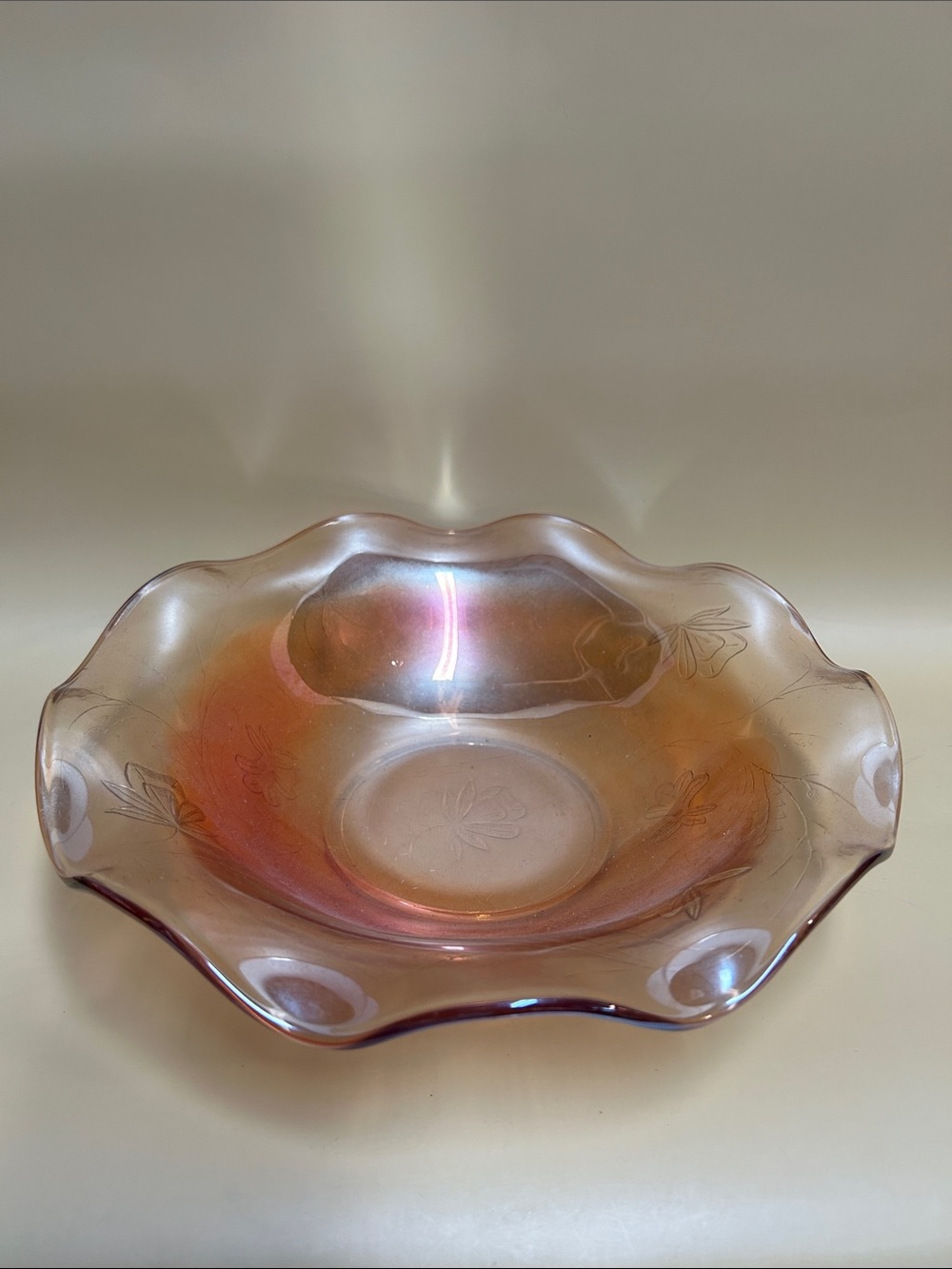 Vintage Jeanette Floragold Louisa Iridescent Amber Bowl Fluted Edge